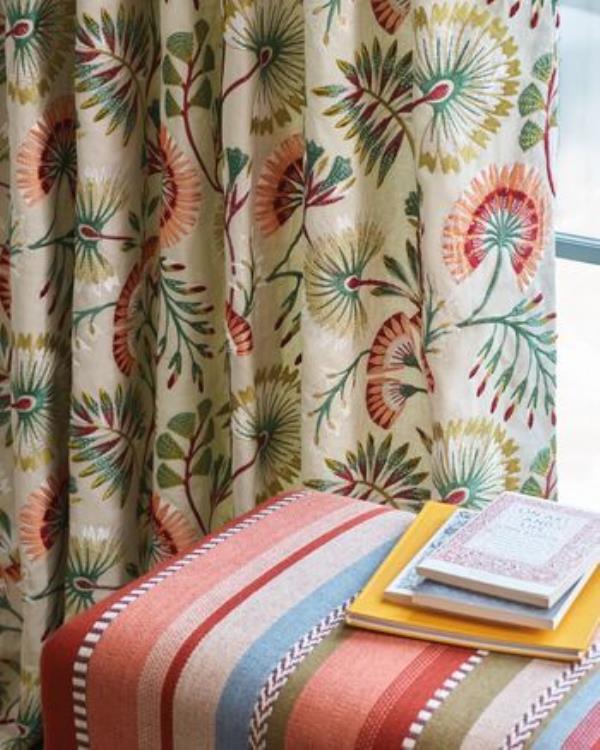 A modern take on floral embroidery in the Chiana red and green fabric by Jane Churchill makes it suitable for a period or contemporary sitting room. A modern take on floral embroidery in the Chiana red and green fabric by Jane Churchill makes it suitable for a period or contemporary sitting room.