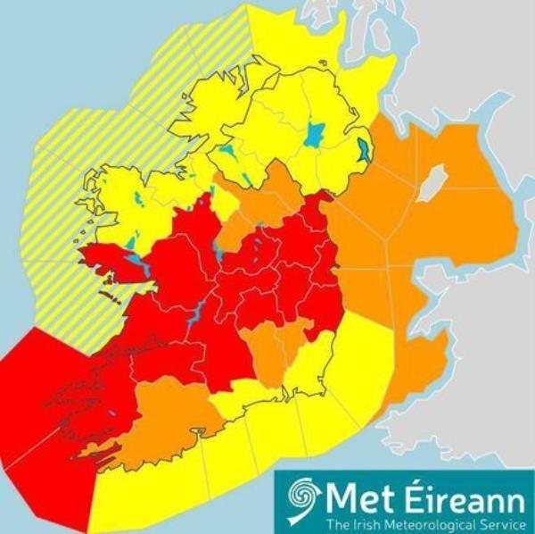 The status red warning is set to affect 14 counties. Picture Met Éireann The status red warning is set to affect 14 counties. Picture Met Éireann